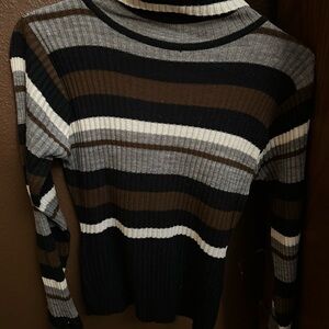 Elegant Striped Women's Turtleneck Sweater - Black, Brown, Gray, White